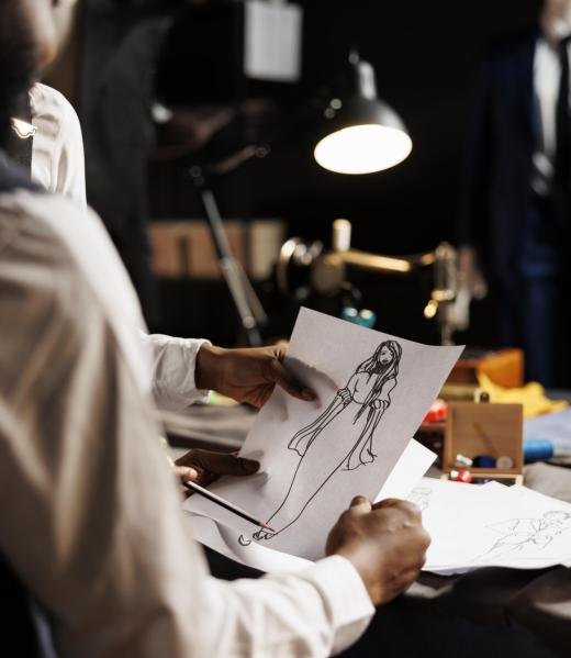Tailoring studio workspace collegues brainstorming best adjustments to be made on premium quality bespoke dress to be made for client. Dressmakers using sketch drawing to design sartorial garment
